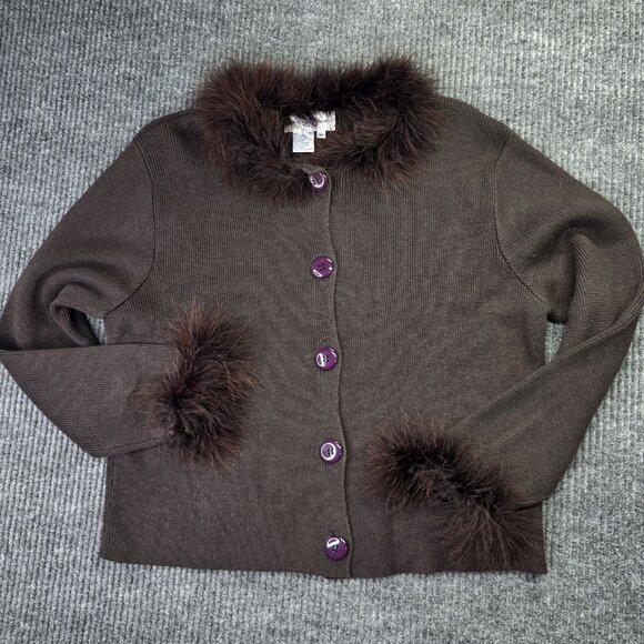 Rebecca Thomas Sweater Womens Medium Brown Feather Trim Cardigan Button Up - Picture 8 of 14